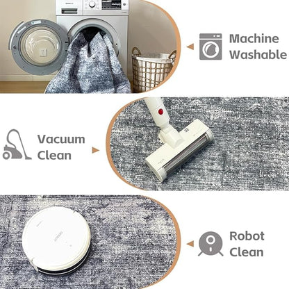 5x7 Area Rugs Light Grey Washable Rug for Living Room, Dining Room, Bedroom, Large Carpets, Non Slip & Non-Shedding Low Pile Vintage Print Rug for Home Office Decor