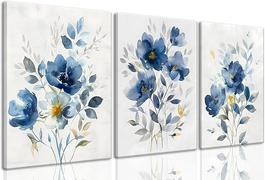 KISSFOX Framed Colorful Wildflower Blue Canvas Wall Art Set Of 3 Flowers Pictures Prints Flowers Printing Floral Watercolors Flower wall Decor Living Room Girls Bedroom Bathroom