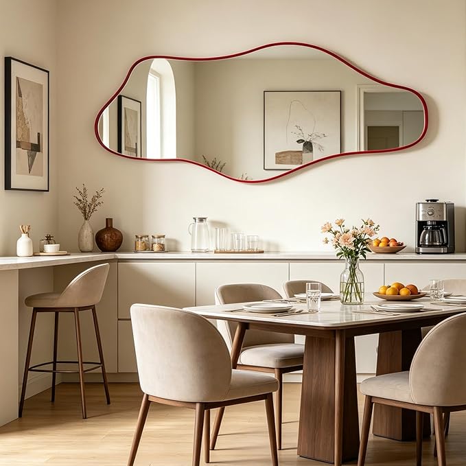 Irregular Wall Mirror, 60"x24" Red Asymmetrical Tempered Glass Mirror, Large Modern Organic Frameless Mirrors for Living Room Bedroom Hallway Entryway, Horizontal or Vertical Hanging