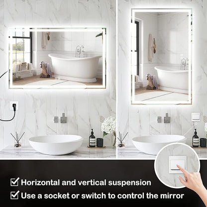ROOMTEC 48 x 30 Inches LED Bathroom Mirror with Lights, Vanity Mirror with Front and Backlight, Smart Dimmable Anti-Fog LED Mirror for Bathroom, Memory Function, Tempered Glass (Horizontal/Vertical)