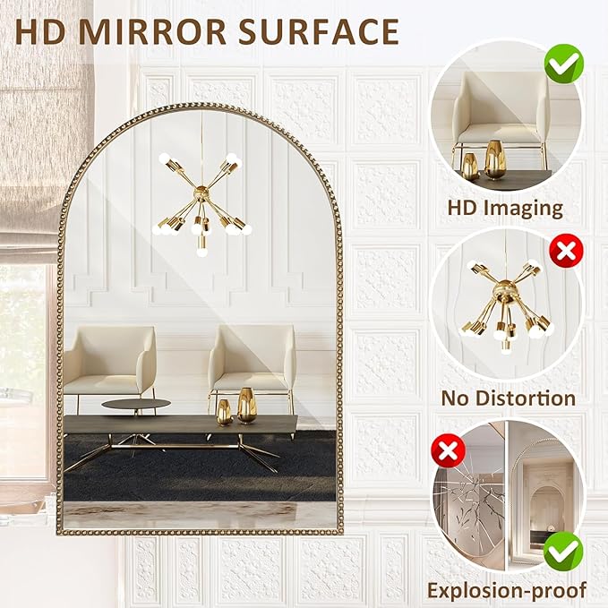 Arched Wall Mirror 24" x 36",Antique Gold Metal Beaded Frame, Decorative Accent Mirror for Bathroom, Living Room, Entryway & Bedroom
