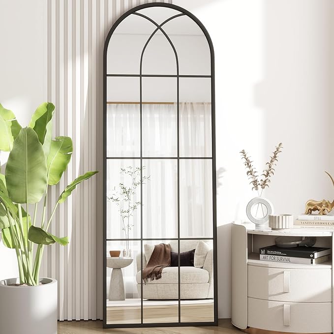 Dewfig 65"x 22" Arched Window pane Full Length Mirror, Wall Mirror, Floor Standing Mirrors, Farmhouse Long Full Body Mirrors Wall Mounted for Living Room, Bedroom, Entryway, Fireplace, Black