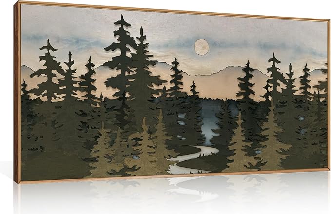 HPNIUB Woodcut Style Mountain Framed Wall Art Set,Vintage Pine Tree Wall Decor,Boho Sunset Nature Art Print,Wilderness Forest Artwork for Living Room, Bedroom,Dining Room,Office-20 x40
