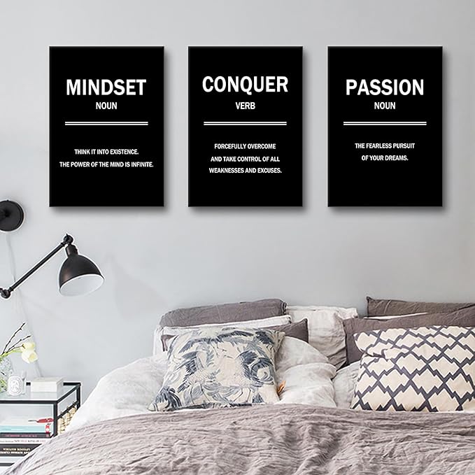 Motivational Wall Art 3 Pieces Success Signs Inspirational Quotes Picture Painting Mindset Conquer Passion Posters Print for Home Living Room Office Artwork Stretched and Framed [60''W x 28''H]