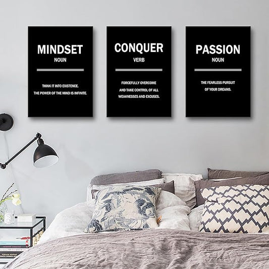 Motivational Wall Art 3 Pieces Success Signs Inspirational Quotes Picture Painting Mindset Conquer Passion Posters Print for Home Living Room Office Artwork Stretched and Framed [60''W x 28''H]