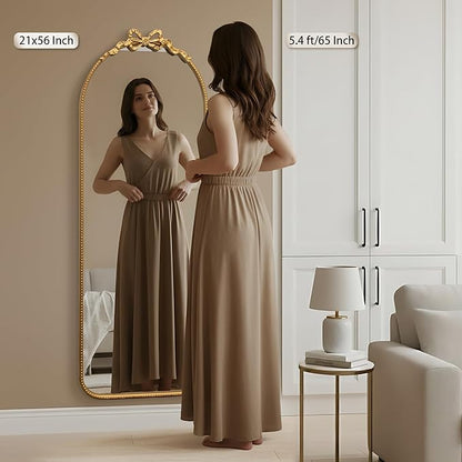 Besdomus Gold Full Length Mirror: 21"x56" Modern Bow Arched Floor Full Body Long Beaded Mirror - Baroque Traditional Ornate for Entryway/Cloakroom/Bedroom/Hallway - Ideal for Fashion Conscious Women
