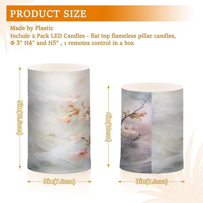 ALAZA Spring Cherry Blossom Flowers Flickering Flameless Candles Battery Operated with Remote Timer,Tea Light Candles LED Pillar Votive Candles Set of 2 for Outdoor Indoor Decorations