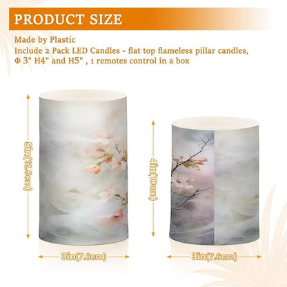 ALAZA Spring Cherry Blossom Flowers Flickering Flameless Candles Battery Operated with Remote Timer,Tea Light Candles LED Pillar Votive Candles Set of 2 for Outdoor Indoor Decorations