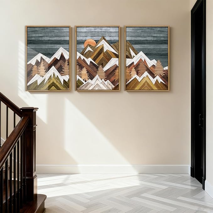 BINCUE Rustic Mountain Canvas Wall Picture Framed Mountain Wall Art Nature Landscape Artwork Boho Mountain Wall Decor Farmhouse Painting for Office Living Room Bedroom 16x24 Inches Set of 3
