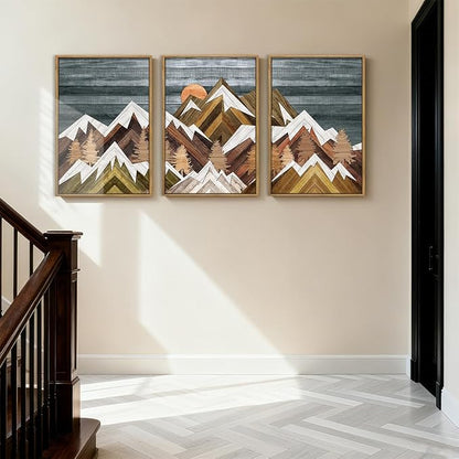 BINCUE Rustic Mountain Canvas Wall Picture Framed Mountain Wall Art Nature Landscape Artwork Boho Mountain Wall Decor Farmhouse Painting for Office Living Room Bedroom 16x24 Inches Set of 3