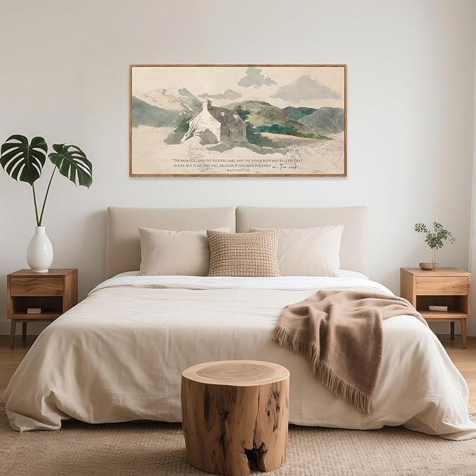 Aurlan House Built on the Rock Matthew 7:25 Wall Art(40"x20"), Boho Jesus Christian Bible Verse Scripture Canvas Artwork, Large Vintage Abstract Mountain Nature Landscape Decor for Home Dining Room Christ Gift