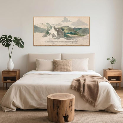 Aurlan House Built on the Rock Matthew 7:25 Wall Art(40"x20"), Boho Jesus Christian Bible Verse Scripture Canvas Artwork, Large Vintage Abstract Mountain Nature Landscape Decor for Home Dining Room Christ Gift