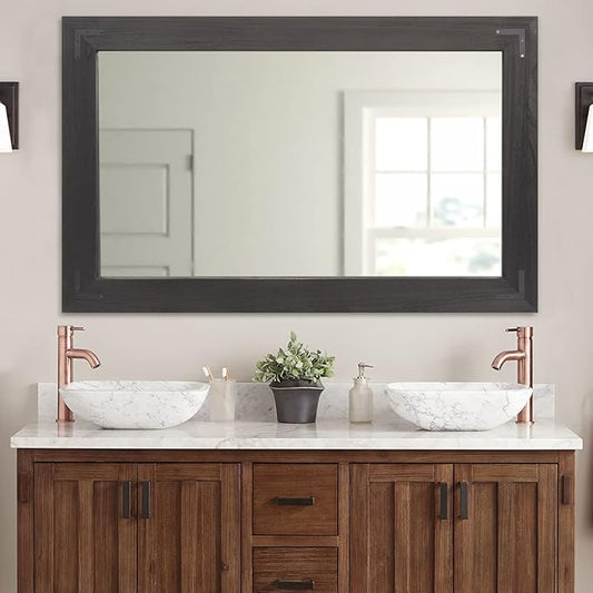 YOSHOOT Rustic Wooden Framed Wall Mirror, Natural Wood Bathroom Vanity Mirror for Farmhouse Decor, Vertical or Horizontal Hanging (40" x 26", Black)