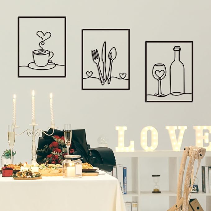 3 Pieces Metal Minimalist Line Kitchen Signs Wall Decor Drawing, Rustic Kitchen Art Wall Decor for Kitchen Dining Living Room Home, 14.2 x 11 Inches (Love)
