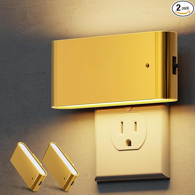 L LOHAS LED Night Light, 2 Pack Dimmable Modern LED Night Lights Plug into Wall,Dusk to Dawn Sensor Night Lights for Kid, 0-100LM 3000K Soft White Nightlight for Hallway Bedroom Stairway(Gold)