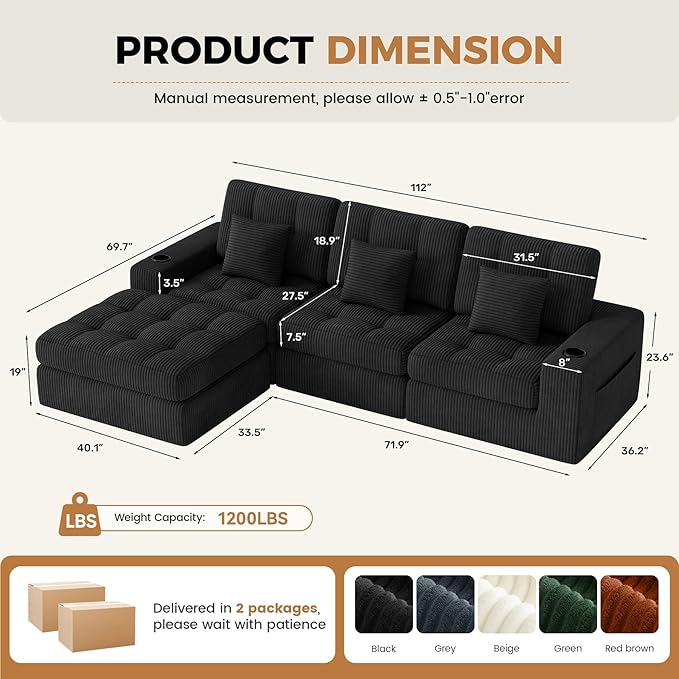 112" L Shaped Cloud Boneless Couch,Modern Modular Sectional Sofa with Layered Cushion,No Assembly Convertible Corduroy Couches for Living Room,Black 1 PCS