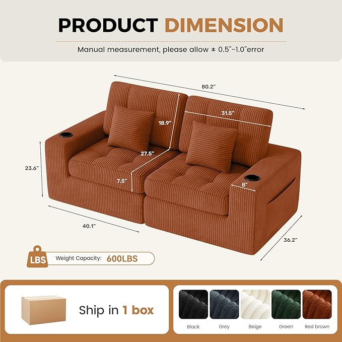 80" Boneless Loveseat Sofa in a Box,No Assembly Required Comfy Deep Seat Cloud Couch,Modern Small Couches for Living Room, Bedroom,Apartment,Caramel 1 PCS