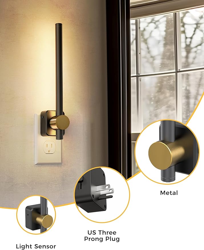 L LOHAS LED Night Light, [2-Pack] Night Lights Plug into Wall, Dimmable Night Light 0-200LM, Nightlights Black and Gold Vanity Nightlights for Bathroom Bedroom, Soft White 3000K, Dusk to Dawn Sensor