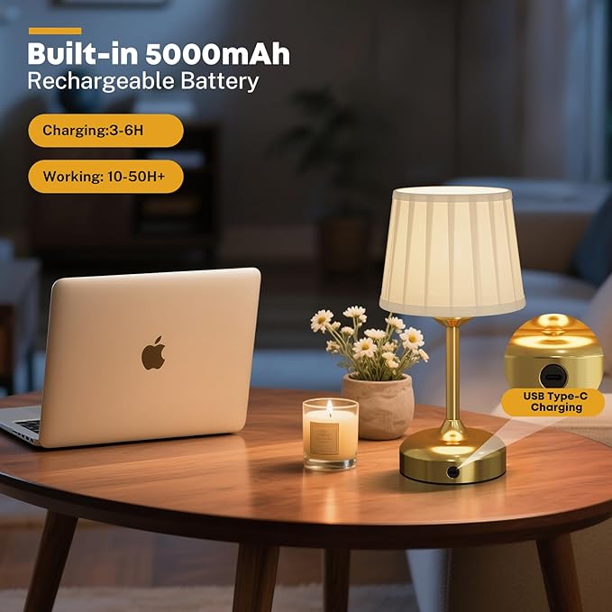 Mini Cordless Table Lamp, Small Table Lamp 5000mAh Rechargeable Table Lamp Battery Operated Touch Lamp Fabric Shade Stepless Dimmable Bedside Lamps for Bedroom, Living Room, Dining Room