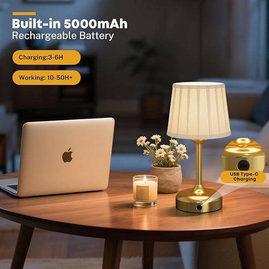 Cordless Table Lamp, Rechargeable Small Desk Lamp Faric Shade 5000mAh Beattery Powered Lamp Touch Stepless Dimmable Bedside Table Lamp for Bedroom, Living Room, Dining Room, Camping Gold