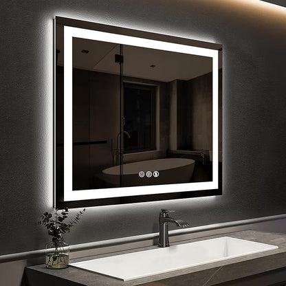 ROOMTEC 36 x 36 Inches LED Bathroom Mirror with Lights, Vanity Mirror with Front and Backlight, Smart Dimmable Anti-Fog LED Mirror for Bathroom, Memory Function, Tempered Glass (Horizontal/Vertical)