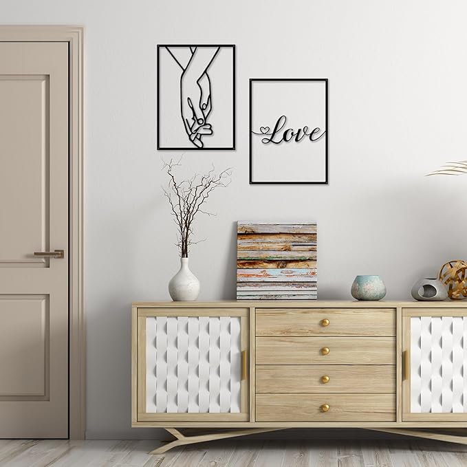 EDCIJB 3 Pcs Love Hands Minimalist Black Metal Wall Art Valentines Day Wall Decor Abstract Love Heart Black Couple Wall Art Decor for Bedroom Living Room