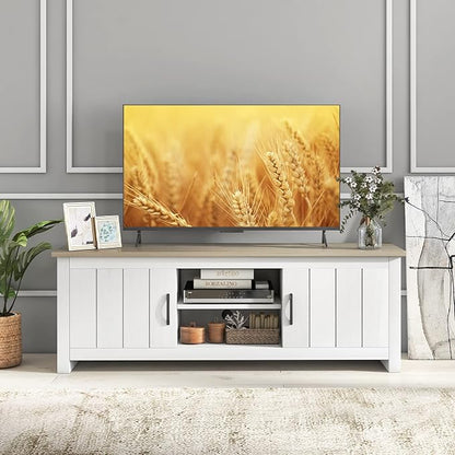 Tangkula 2 Doors TV Stand for TVs up to 65”, 57” Media Console Table w/ 2 Cabinets & Open Shelves, 2 Cable Management Holes. Wood Entertainment Center Cabinet for Living Room (White Oak)