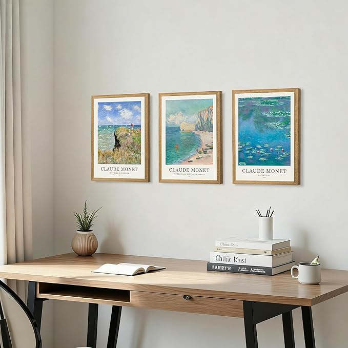 JLTULT 3 Piece Framed Vintage Claude Monet Canvas Wall Art, Impressionism Landscape Wall Decor, The Cliff Walk at Pourville Water Lilies Prints for Living Room Bedroom Office 12x16 in Easy to Hang