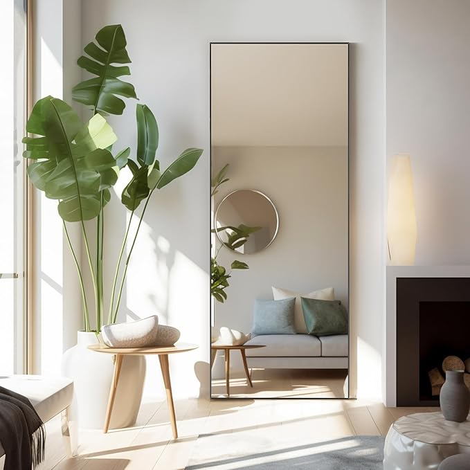 Mirror Full Length, Upgraded 21"x64" Body Wall Mirrors with Shatter-Proof Glass, Floor Standing, Hanging or Leaning, Tall Mirror with Stand Aluminum Alloy Frame for Bedroom, Black