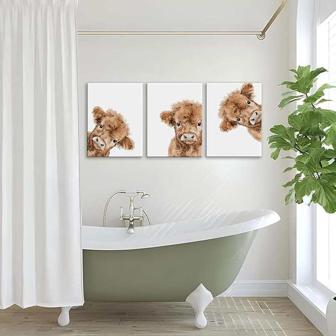 AOYUSMO 3 Piece Cute Highland Cow Canvas Wall Art Nursery Funny Animal Framed Wall Art Baby Cow Pictures Wall Decor Kids Animals Art Prints for Children's Room Bedroom 16"x24"