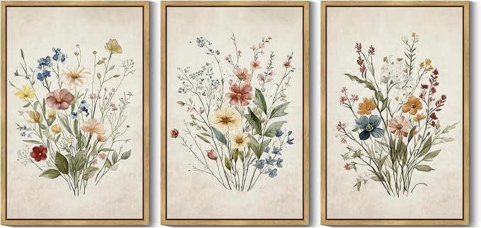 Drsoum Vintage Flower Bouquet Framed Retro Wildflower Botanical Pictures Prints Modern Colorful Floral Rustic Artwork Bedroom Living Room Ready to Hang 24x36in Natural Framed