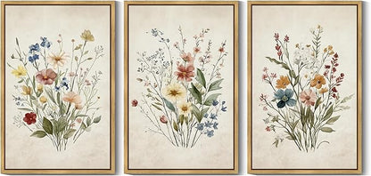 Drsoum Vintage Flower Bouquet Framed Retro Wildflower Botanical Pictures Prints Modern Colorful Floral Rustic Artwork Bedroom Living Room Ready to Hang 24x36in Natural Framed