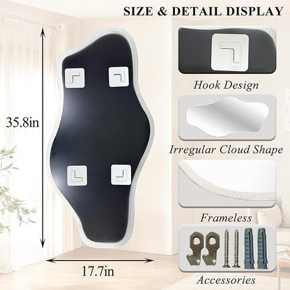 Irregular Frameless Mirror, 35.8"x17.7" Silver Asymmetrical Tempered Glass Mirror, Modern Abstract Wall Mirrors for Living Room Bedroom Hallway Entryway, Horizontal or Vertical Hanging
