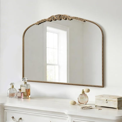 Besdomus Gold Vintage Vanity Mirror: 24"x 32" French Baroque Arched Mirror - Traditional Ornate Antique for Dresser/Mantel/Bedroom/Entryway/Bathroom/Hallway - Home Decor for Living Room