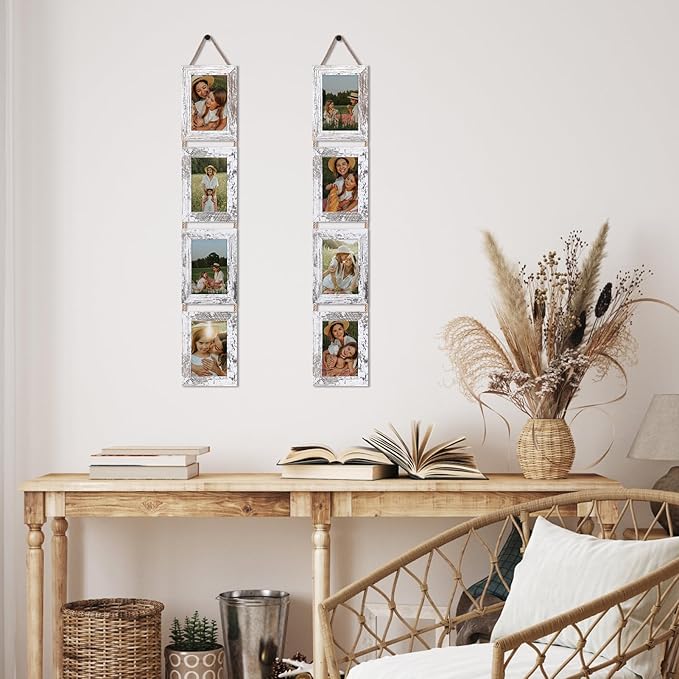 Lavezee 4x6 Hanging Collage Picture Frames Set of 2, 8 Opening Vertical Frame Made to Display 4 by 6 Inch Photo for Wall Decor, Distressed White
