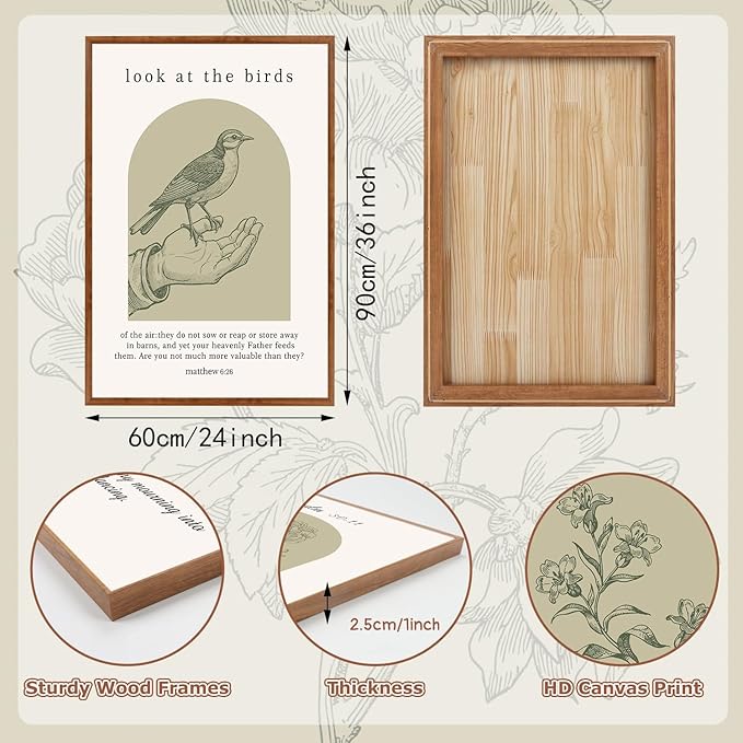 KAlRNE Sage Green Bible Verse Wall Art Set of 3, Framed Vintage Scripture Prints, Religious Birds and Lilies Decor, Green Christian Gallery Artwork for Living Room Bedroom Office