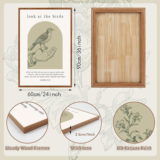 KAlRNE Sage Green Bible Verse Wall Art Set of 3, Framed Vintage Scripture Prints, Religious Birds and Lilies Decor, Green Christian Gallery Artwork for Living Room Bedroom Office