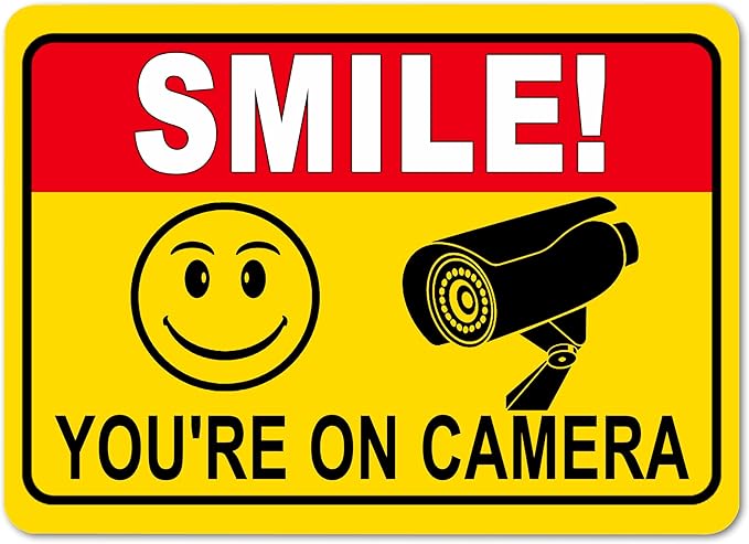Tin Signs Smile You’re on Camera Sign, Video Surveillance Signs Outdoor,UV Printed Rust Free Security Camera Sign for Home,Business,Driveway Alert,Store,Office,Indoor,Metal Poster Wall Decor 12x8 in