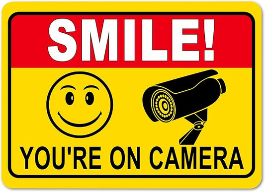Tin Signs Smile You’re on Camera Sign, Video Surveillance Signs Outdoor,UV Printed Rust Free Security Camera Sign for Home,Business,Driveway Alert,Store,Office,Indoor,Metal Poster Wall Decor 12x8 in