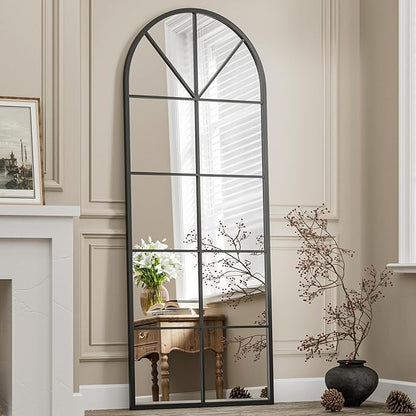 Prywot Full Length Mirror, 65"x22" Arched Window Pane Mirrors for Wall Decor, Black Full Body or Wall Mounted Mirrors, Farmhouse Standing Mirror Hanging or Leaning for Living Room, Entryway, No Stand