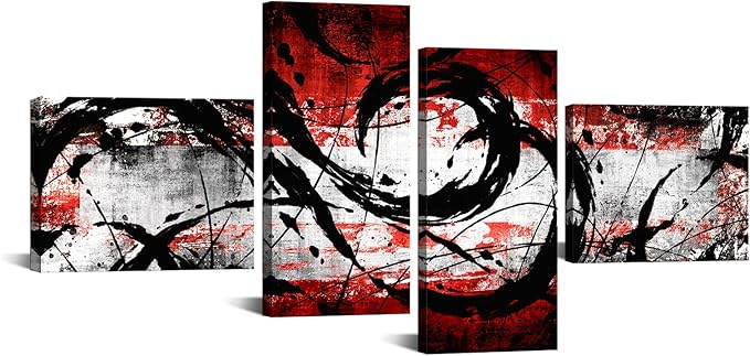 KREATIVE ARTS 4 Panel Black and Red Wall Art Canvas Print Modern Abstract Painting for Home Stair Wall Decor L68xH32inch