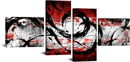 KREATIVE ARTS 4 Panel Black and Red Wall Art Canvas Print Modern Abstract Painting for Home Stair Wall Decor L68xH32inch