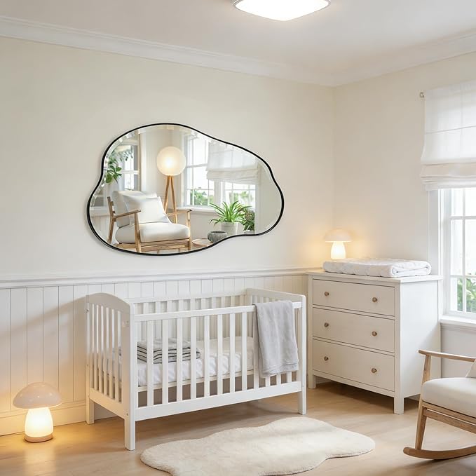 POZINO Irregular Beveled Mirror, 42"x28" Asymmetrical Bathroom Vanity Mirror with Metal Frame, Cloud Shaped Wall Mirrors for Living Room Bedroom Hallway Entryway, Horizontal or Vertical Hanging