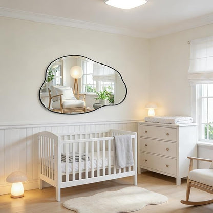 POZINO Irregular Beveled Mirror, 42"x28" Asymmetrical Bathroom Vanity Mirror with Metal Frame, Cloud Shaped Wall Mirrors for Living Room Bedroom Hallway Entryway, Horizontal or Vertical Hanging