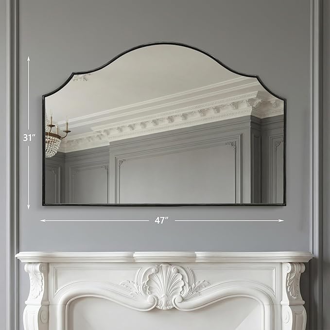 Besdomus Large Scalloped Black Mirror: 47"x31" Modern Minimalist Wood Frame Wall Mirror - Decorative Arched Fireplace for Bedroom/Bathroom/Dresser/Entryway/Mantle/Living Room - Stylish Home Decor