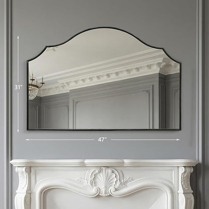 Besdomus Large Scalloped Black Mirror: 47"x31" Modern Minimalist Wood Frame Wall Mirror - Decorative Arched Fireplace for Bedroom/Bathroom/Dresser/Entryway/Mantle/Living Room - Stylish Home Decor