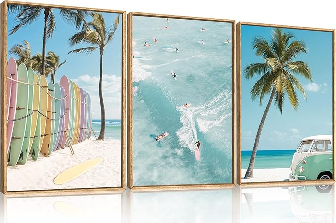 KAIRNE Ocean Beach Framed Canvas Wall Art Set, Coastal Seascape Surfboard Wall Decor, Modern Palm Tree Art Prints, Summer Surfing Blue Artwork for Living Room, Bedroom, Farmhouse, Office-24 x36 x3