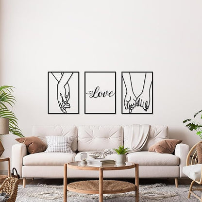 EDCIJB 3 Pcs Love Hands Minimalist Black Metal Wall Art Valentines Day Wall Decor Abstract Love Heart Black Couple Wall Art Decor for Bedroom Living Room