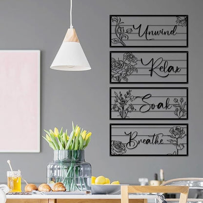 ShxTrade 4 Pieces Black Metal Bathroom Wall Decor - Unwind Relax Soak Breathe Wall Art with Floral Silhouette, Modern Minimalist Line Art Signs for Bathroom, Spa, Rustic Farmhouse Wall Decorations