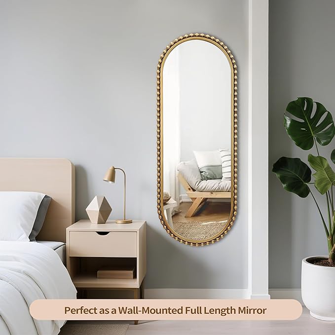 20"x53" Long Oval Full Length Wall Mounted Mirror, Antique Gold Beaded Metal Frame Large Decorative Wall Mirror, Vertical or Horizontal Hanging Tall Entryway Bedroom Living Room